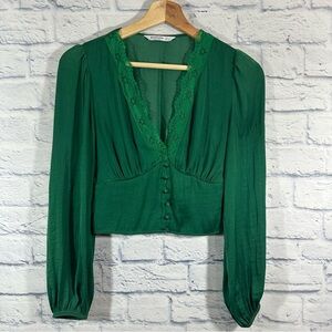 Stradivarius Long Sleeve Satin Green Lace Trim Button Front Crop Blouse Small